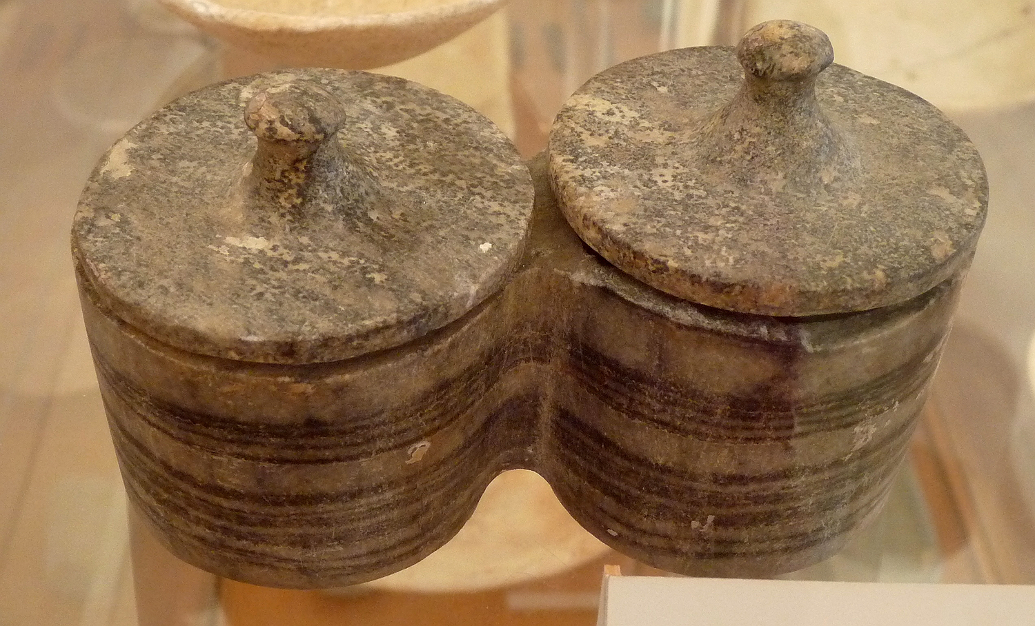 cycladic double pyxide made of banded marble